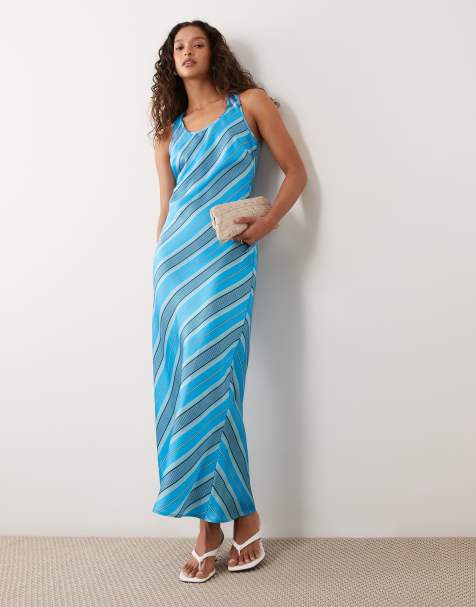 ASOS DESIGN scoop satin maxi dress in blue stripe - view 1