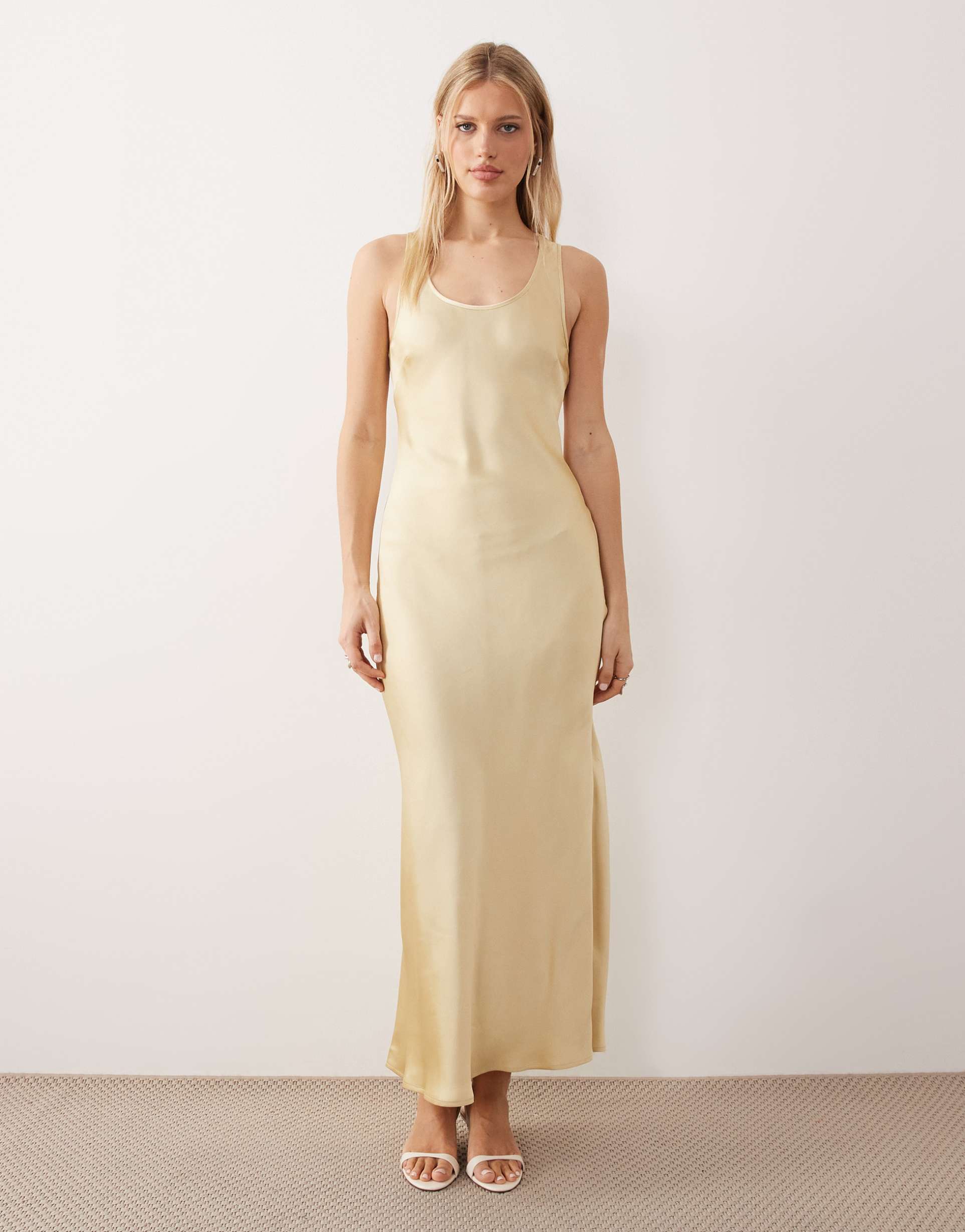 asos design scoop satin maxi dress in buttermilk