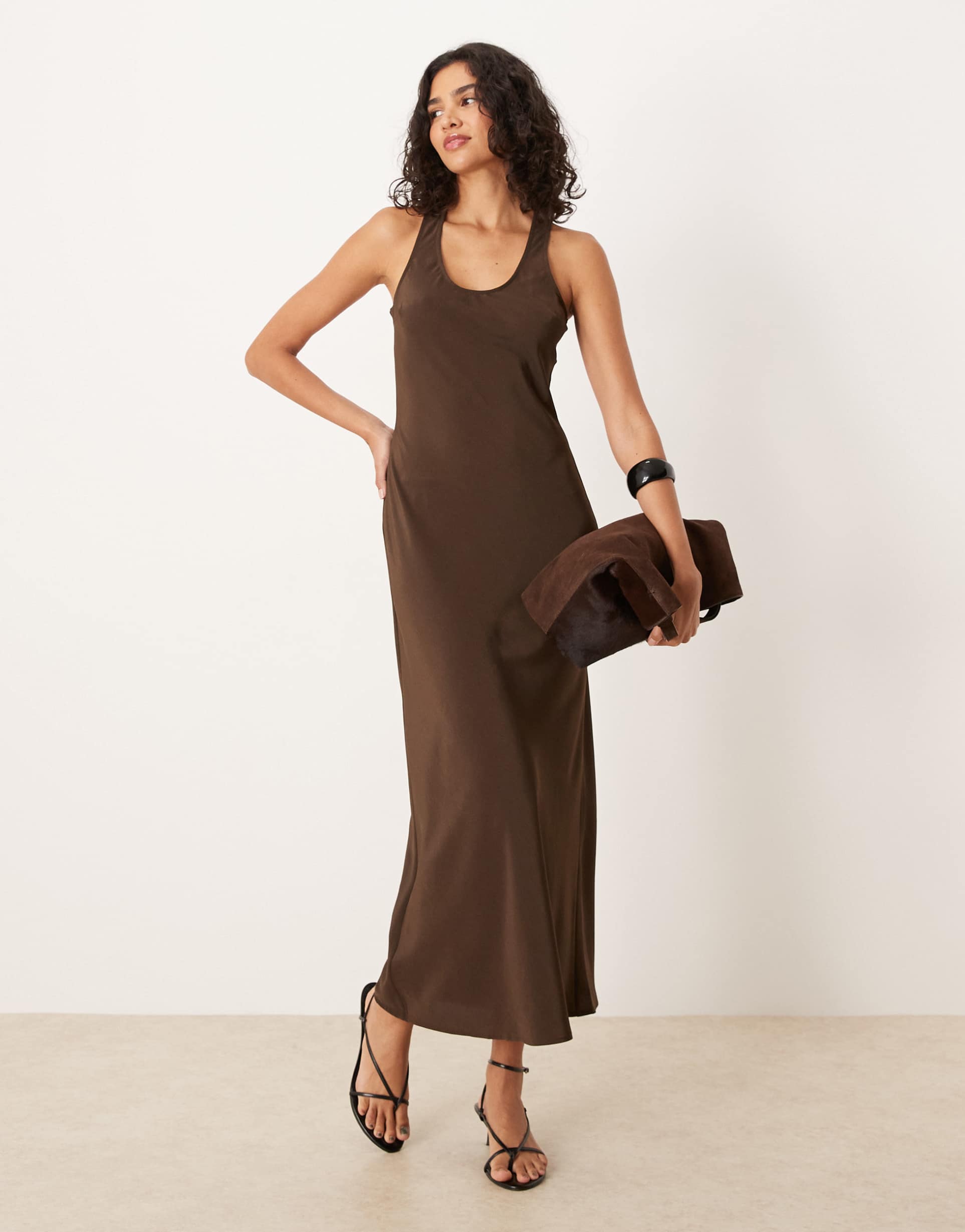 asos design scoop satin slip maxi dress in chocolate