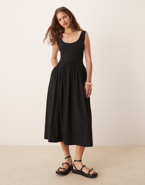 ASOS DESIGN scoop seam detail dropped waist midi dress in black - view 1