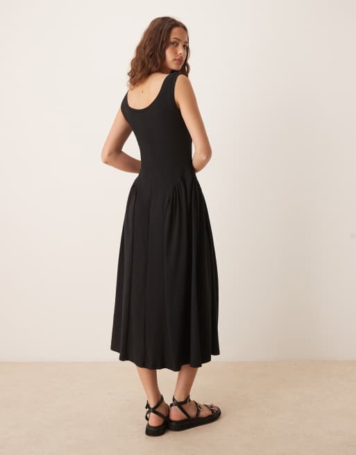 ASOS DESIGN scoop neck seam detailing dropped waist midi dress in black