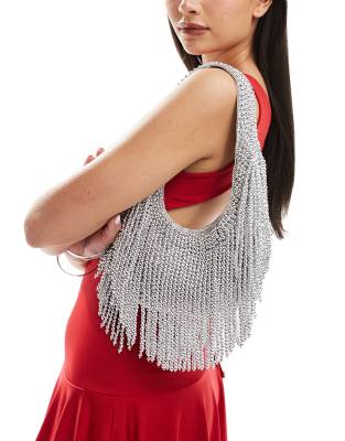 scoop shoulder bag with beaded fringe detail in silver