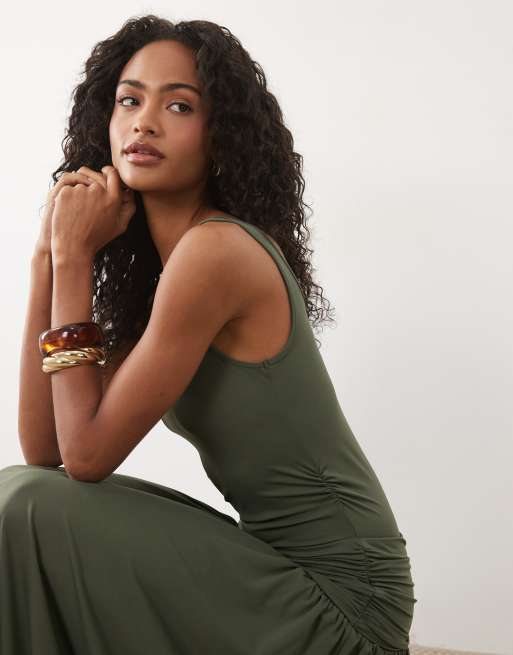ASOS DESIGN scoop singlet maxi dress with drop waist in khaki, 3 of 4