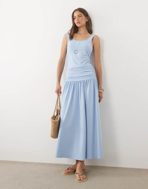 ASOS DESIGN scoop singlet maxi dress with drop waist in sky blue, 3 of 4