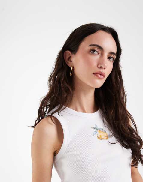 ASOS DESIGN scoop singlet with embellished lemons graphic in white - view 1