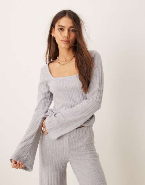 ASOS DESIGN scoop square neck supersoft wide rib top co ord in grey - view 1