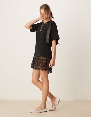 Asos Design Scoop T-shirt Mini Dress With Lace Hem-black In Black