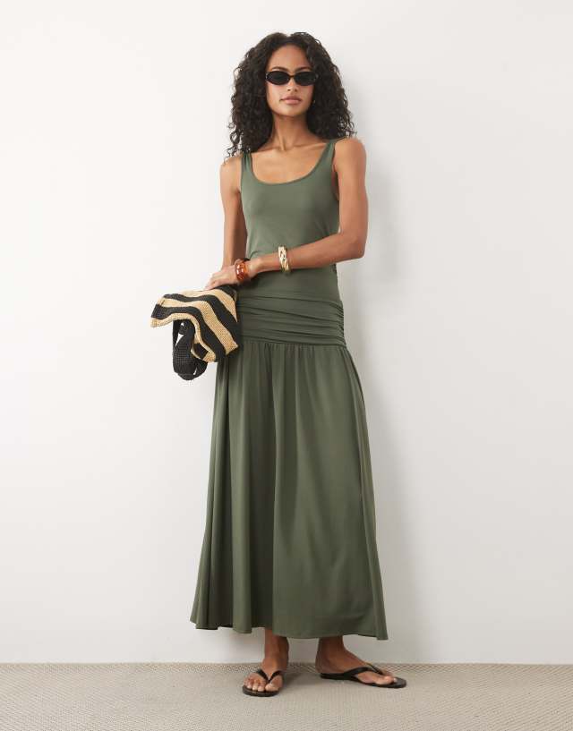 green tank maxi dress ASOS DESIGN scoop with drop waist in khaki children