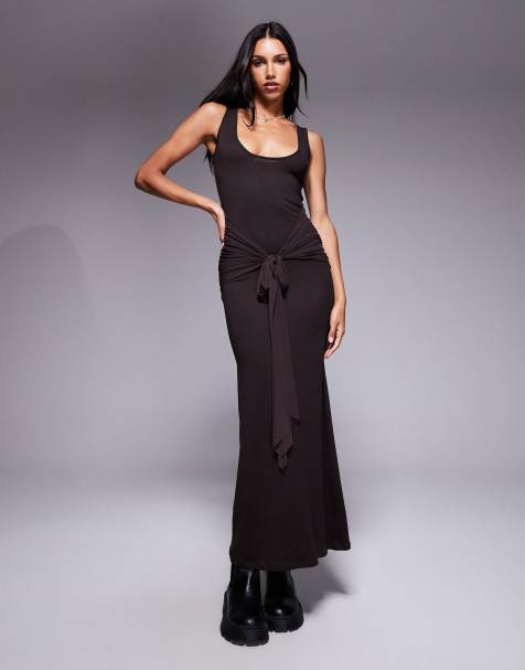 ASOS DESIGN scoop tie front maxi dress in chocolate - view 1