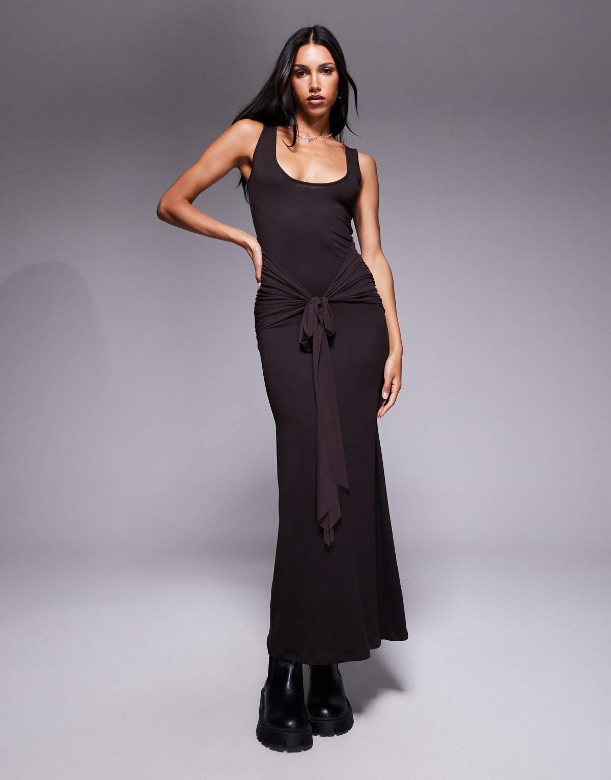 ASOS DESIGN scoop tie front maxi dress in chocolate