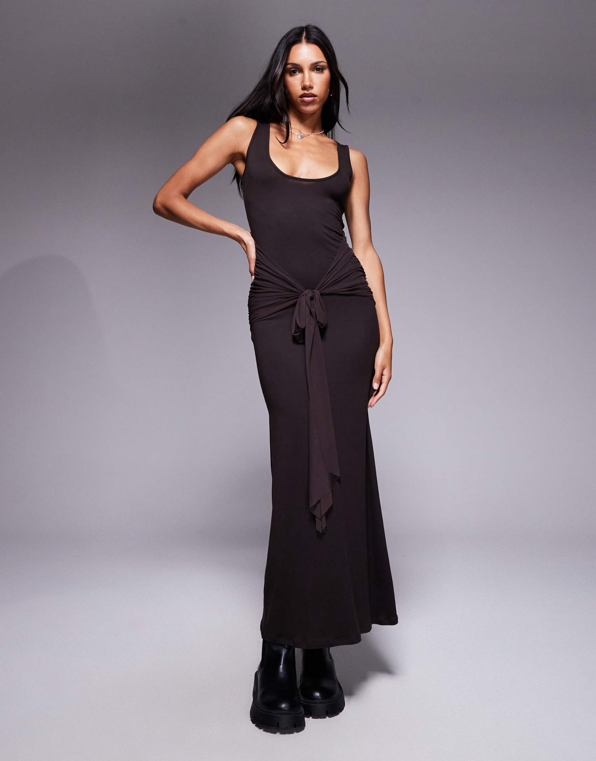asos design scoop tie front maxi dress in chocolate