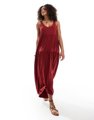 ASOS DESIGN scoop tiered trapeze maxi dress in burgundy