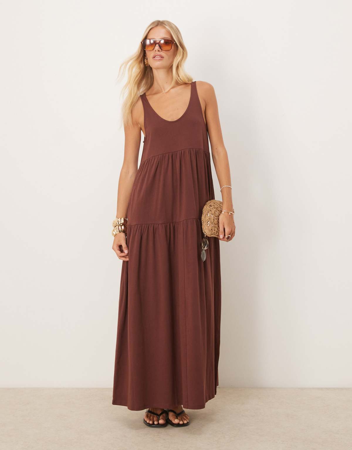 ASOS DESIGN scoop tiered trapeze maxi dress in chocolate