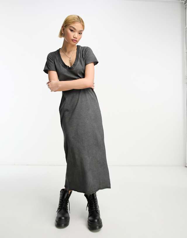 ASOS DESIGN scoop v neck t-shirt midi dress in gray acid wash