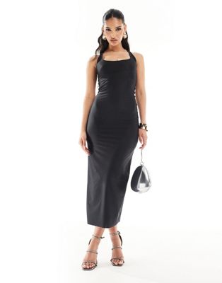 scooped halter midi dress with crossed back straps in sculpting jersey in black