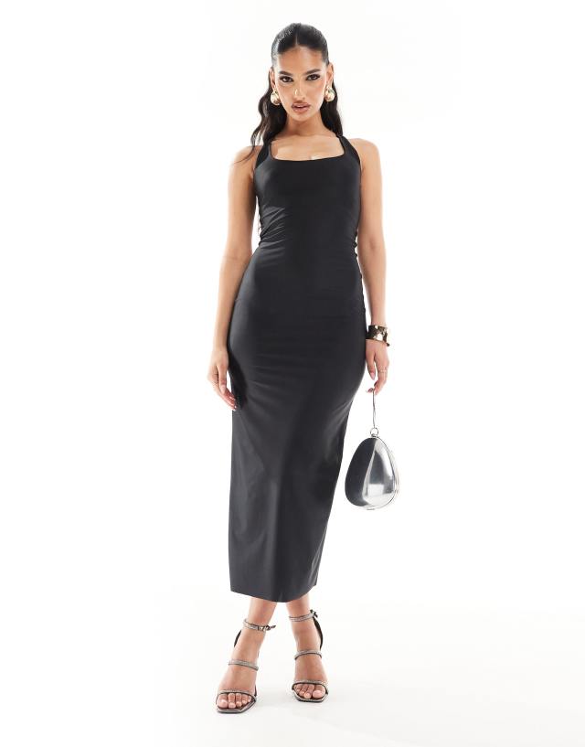 ASOS DESIGN - scooped halter midi dress with crossed back straps in sculpting jersey in black