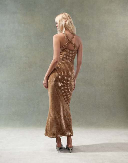 ASOS DESIGN scooped halter neck midi dress in lazer cut hotfix in tan, 2 of 4