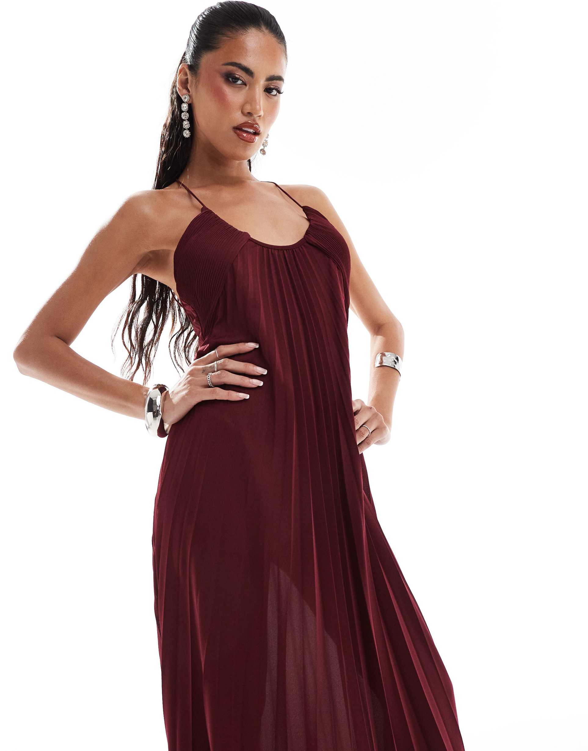 asos design scooped out halter pleated maxi dress in berry