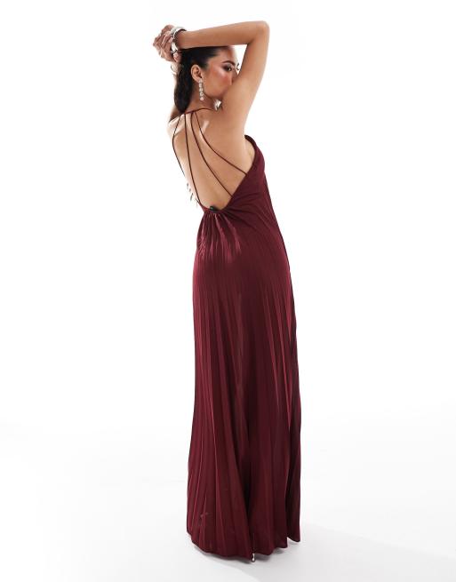 ASOS DESIGN scooped out halter pleated maxi dress in berry