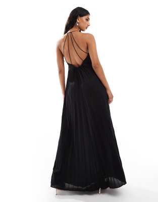 Asos Design Scooped Out Halter Pleated Maxi Dress In Black-yellow