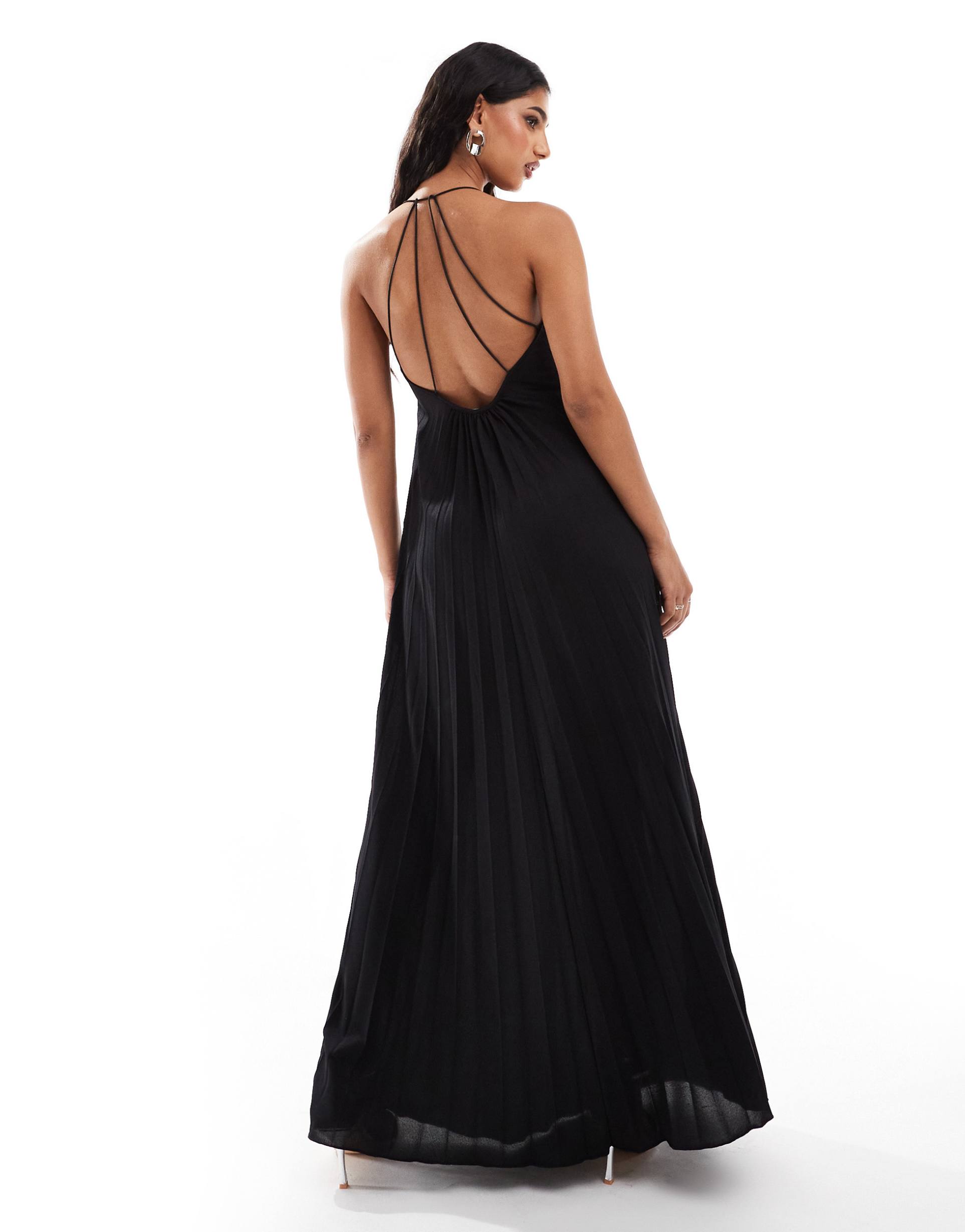 asos design scooped out halter pleated maxi dress in black