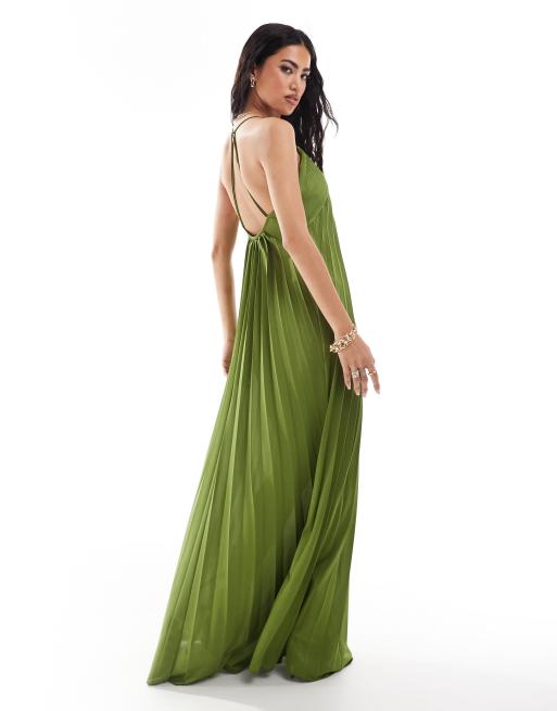 ASOS DESIGN scooped out halter pleated maxi dress in olive ASOS