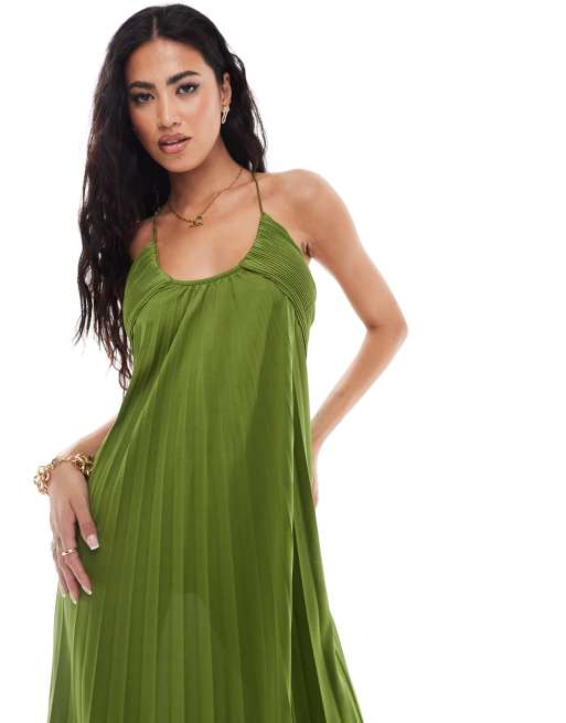ASOS DESIGN scooped out halter pleated maxi dress in olive