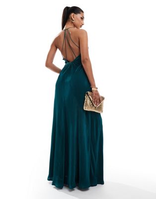 Asos Design Scooped Out Halter Plisse Maxi Dress In Teal-blue