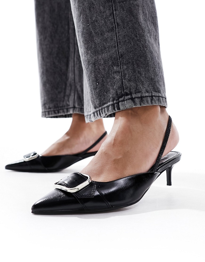 ASOS DESIGN Score buckle slingback kitten heeled shoes in black