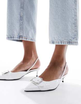 Asos Design Score Buckle Slingback Kitten Heeled Shoes In White