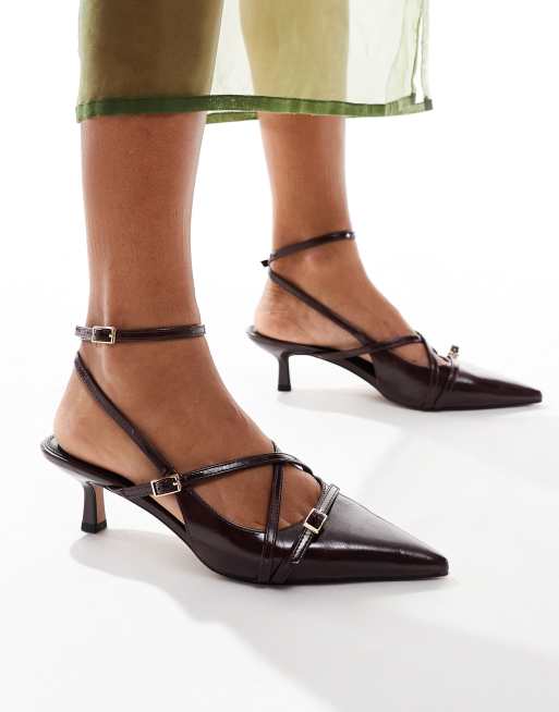 ASOS DESIGN Scottie buckle detail mid heel shoes in burgundy