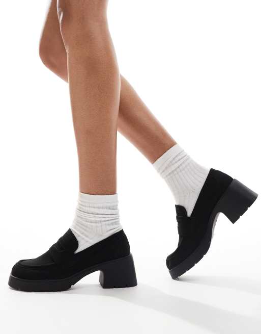 ASOS DESIGN Scribble chunky mid heeled loafers in black suedette