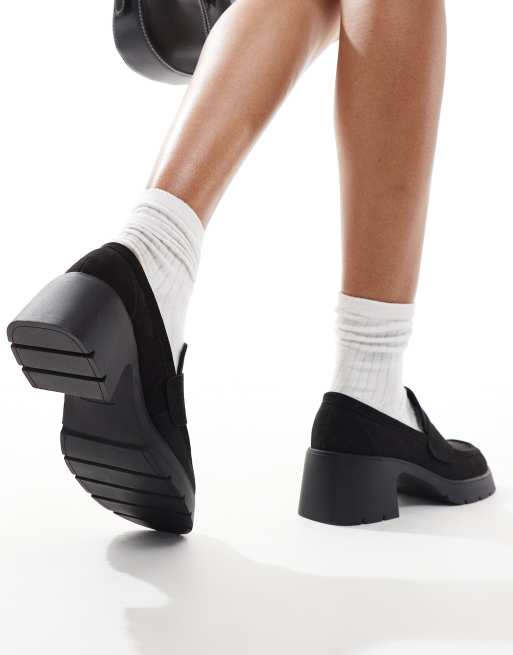 ASOS DESIGN Scribble chunky mid heeled loafers in black suedette