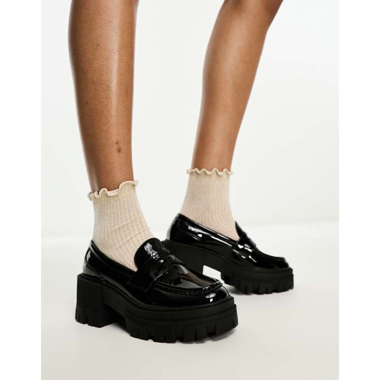 ASOS DESIGN Script chunky mid heeled loafers in black patent