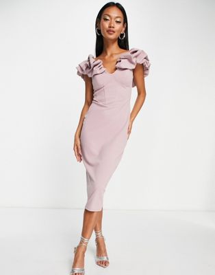 Asos Design Scrunch Bardot Midi Dress In Mauve-pink