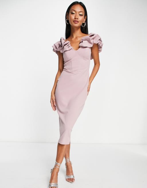 ASOS DESIGN scrunch bardot midi dress in mauve