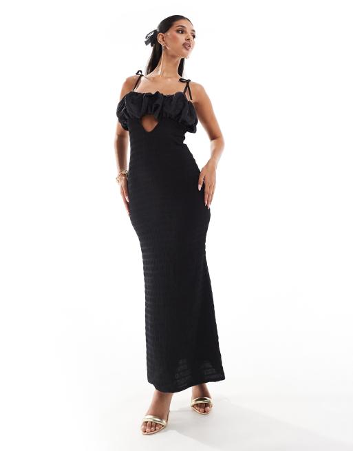 ASOS DESIGN scrunch boob textured midi dress with cut out in black