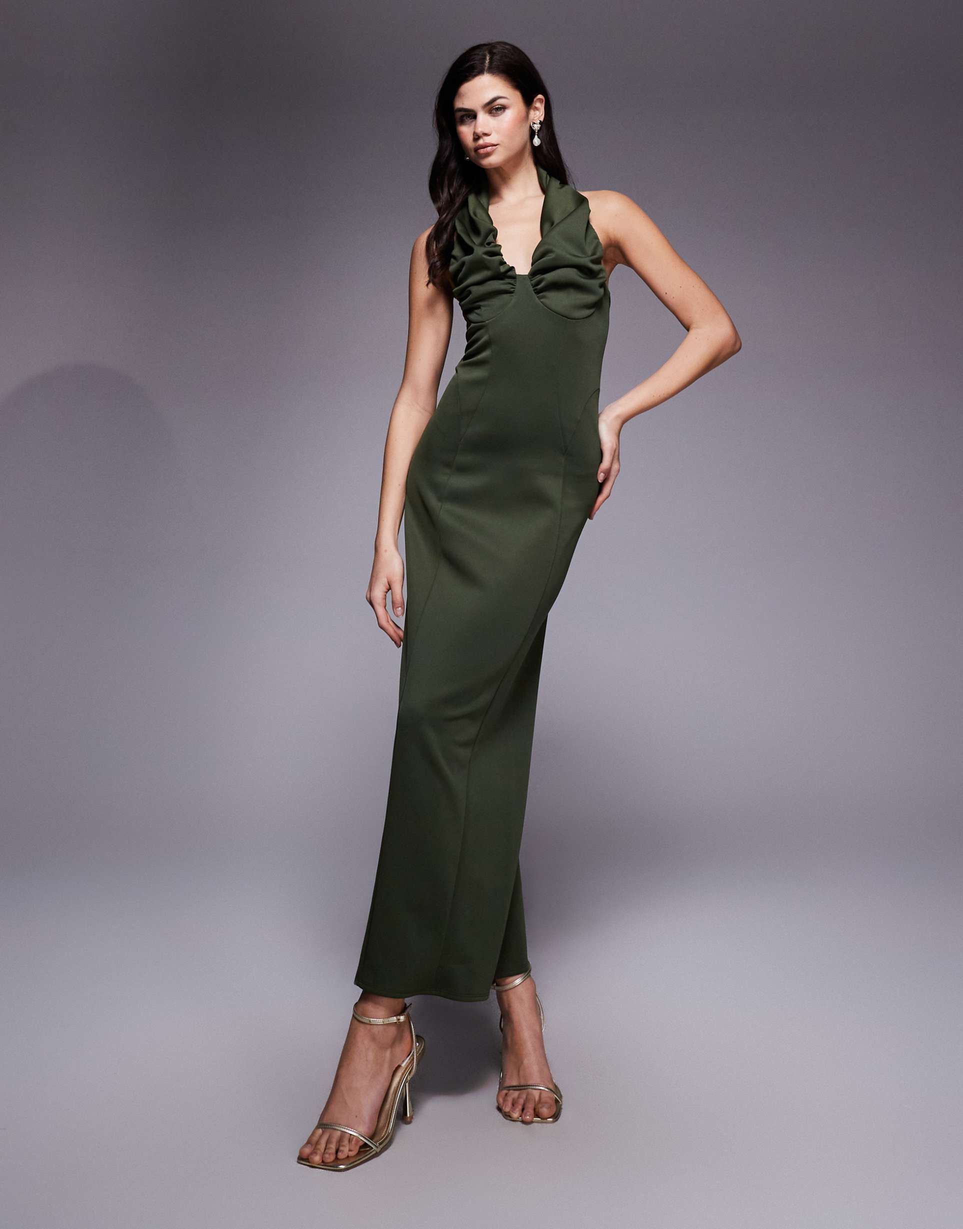 asos design scrunch bust halter midi dress in green scuba-style fabric
