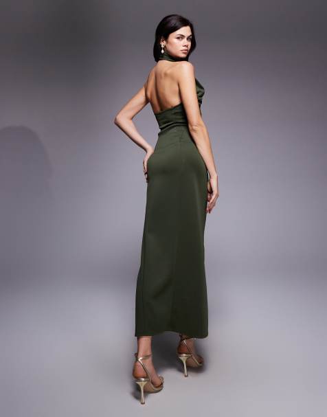 princess polly baby blue dress ASOS DESIGN one shoulder satin midi dress with neck sash in navy