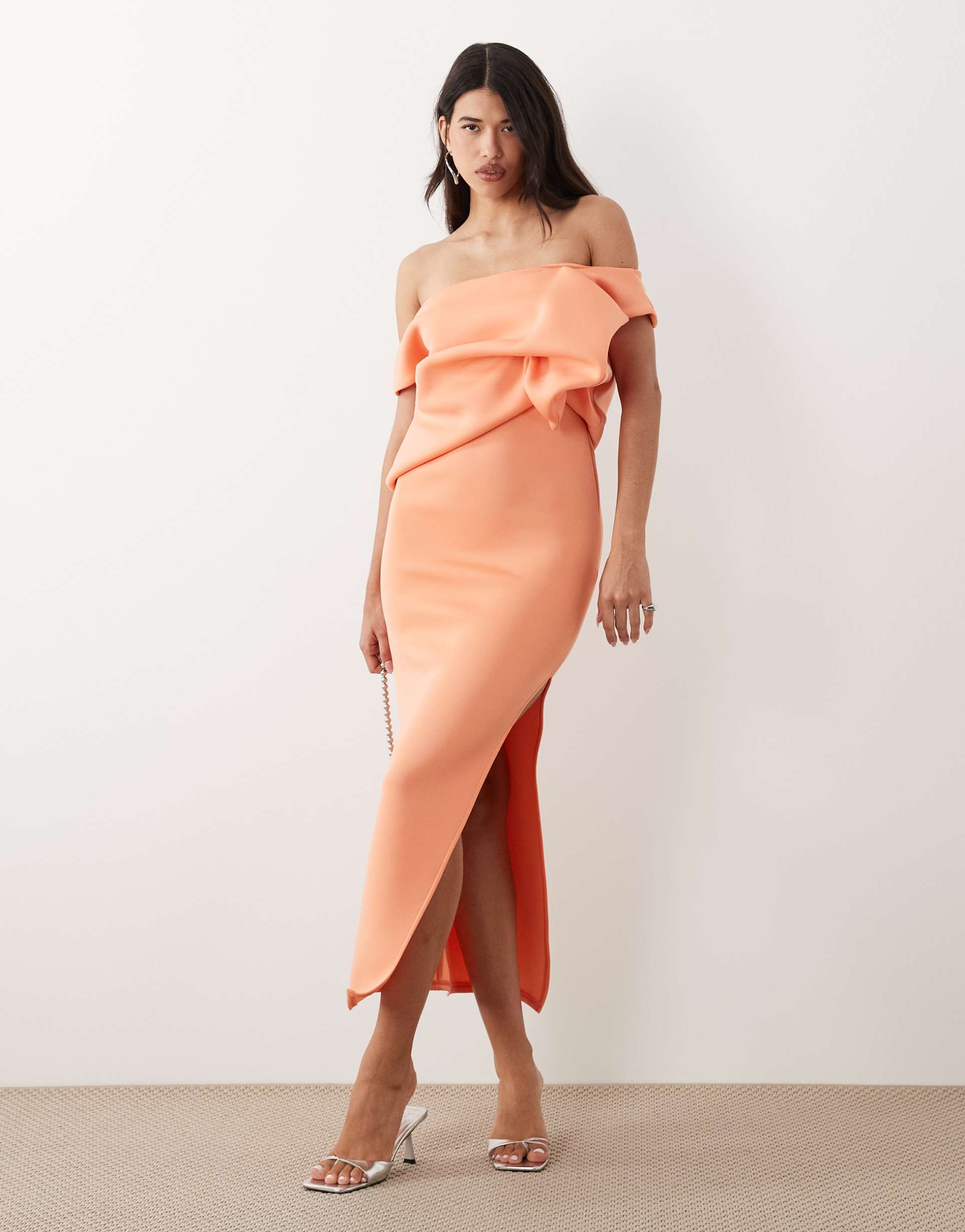 asos design scrunch drape midi dress in coral scuba-style fabric