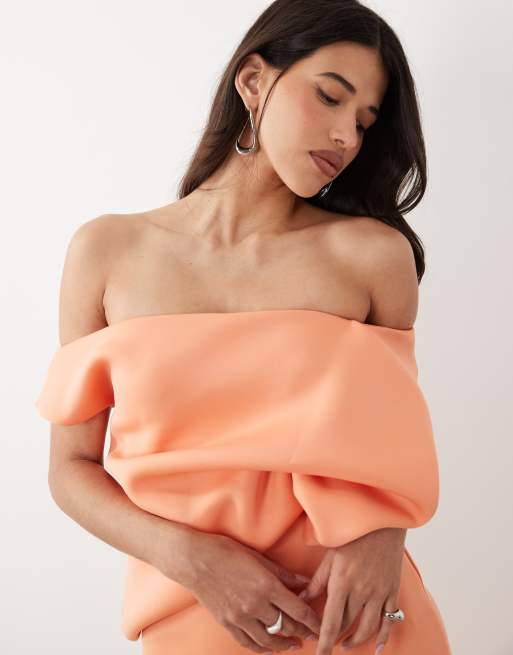 ASOS DESIGN scrunch drape midi dress in coral scuba-style fabric, 3 of 4