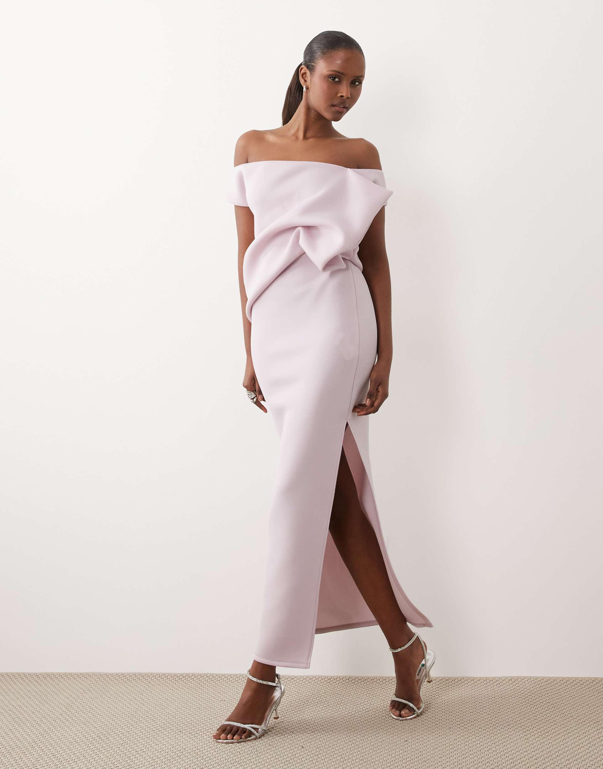 asos design scrunch draped midi dress in lilac scuba-style fabric