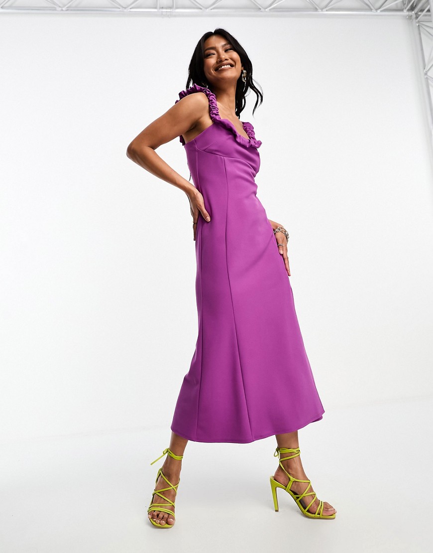 ASOS DESIGN scrunch neck soft textured a-line midi dress in magenta-Pink
