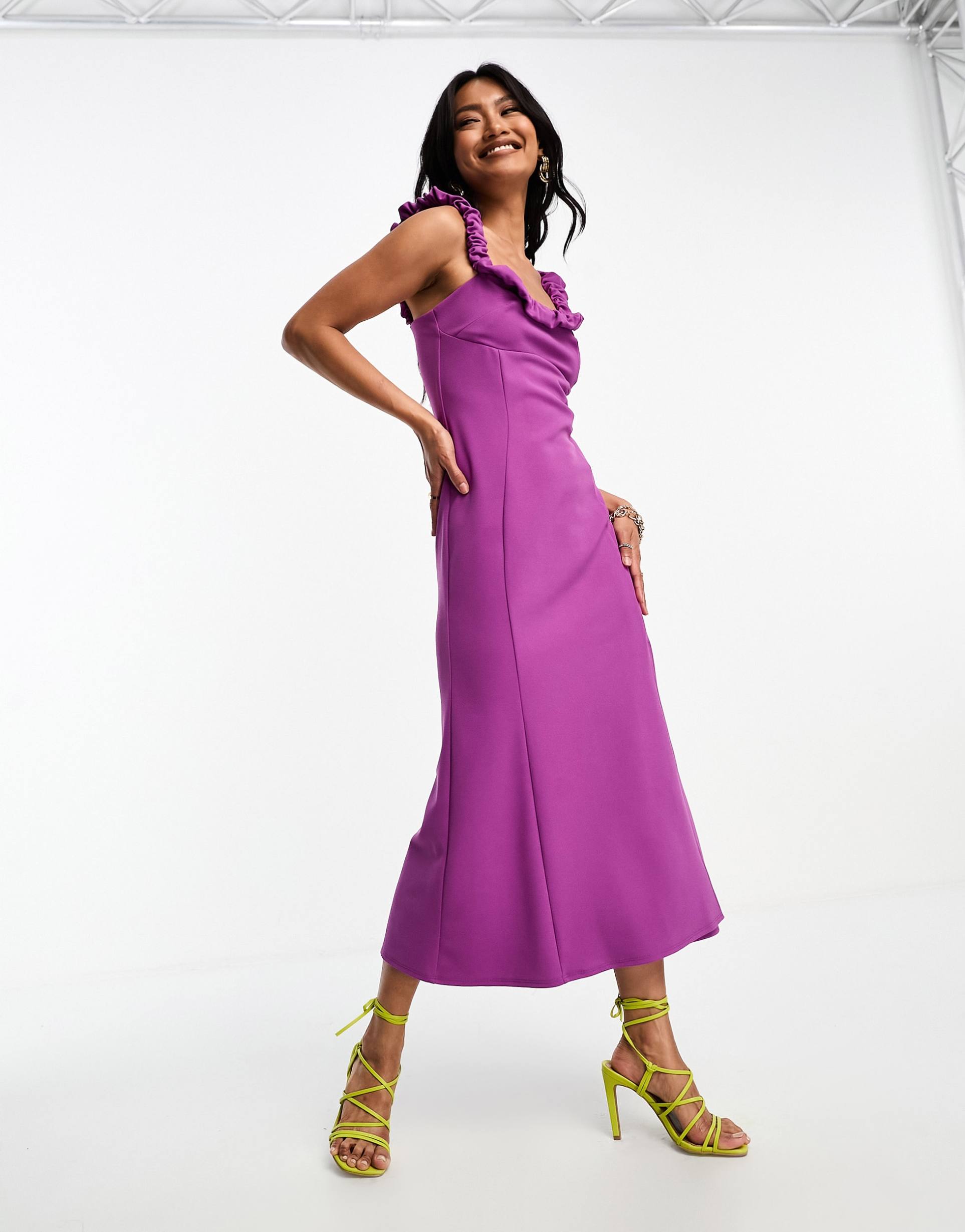 asos design scrunch neck soft textured a-line midi dress in magenta