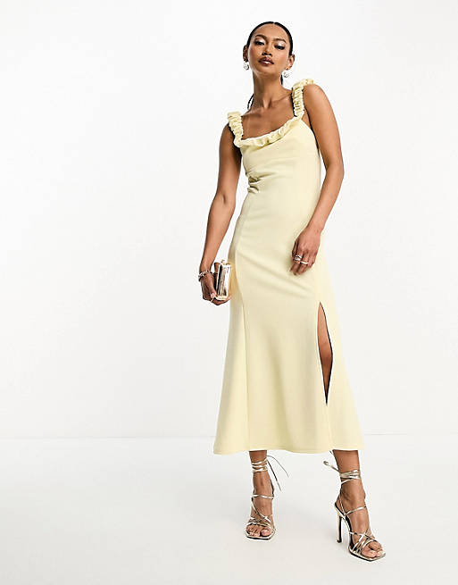 ASOS DESIGN scrunch neck soft textured a-line midi dress in pastel lemon