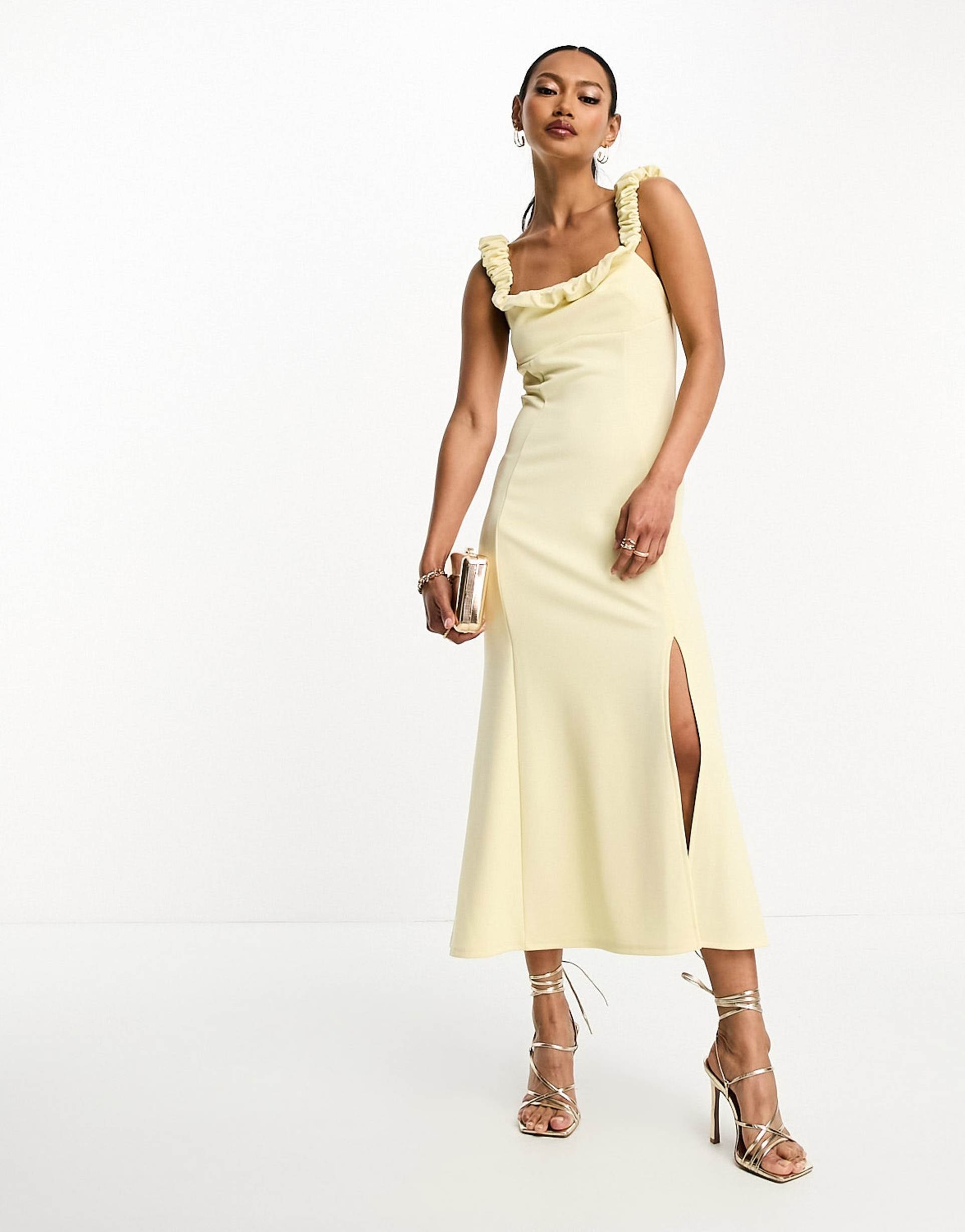 asos design scrunch neck soft textured a-line midi dress in pastel lemon