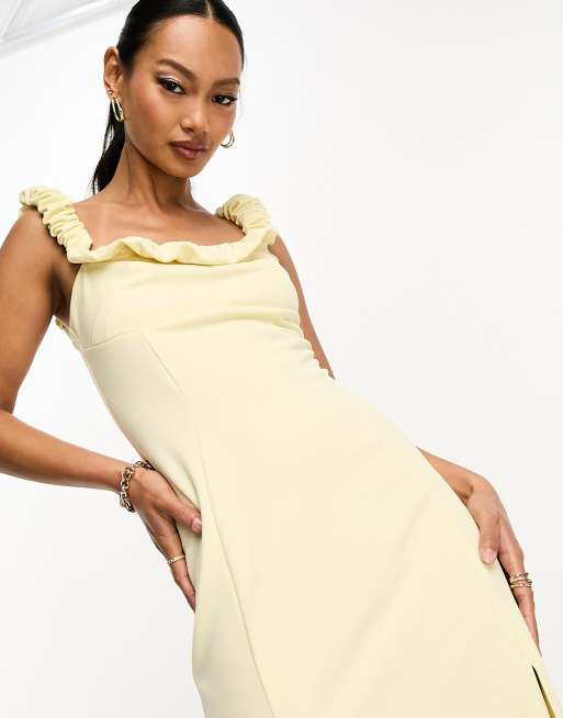 ASOS DESIGN scrunch neck soft textured a-line midi dress in pastel lemon, 3 of 4