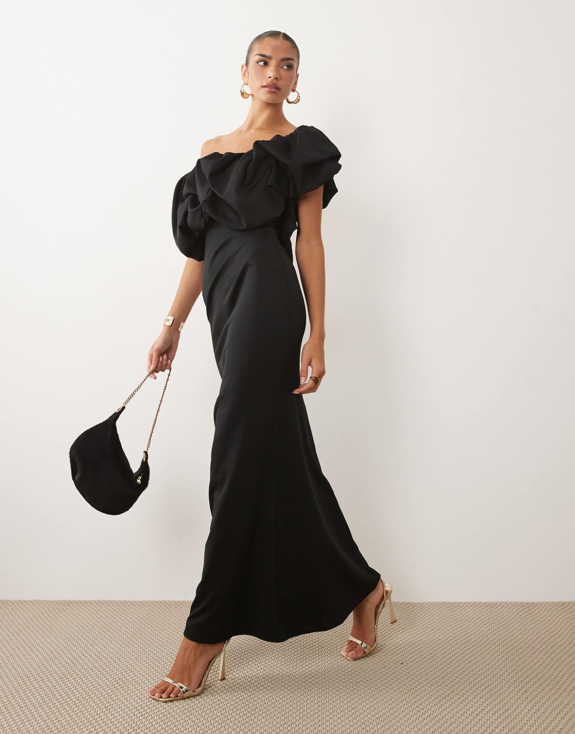 asos design scrunch one shoulder floor length dress in black