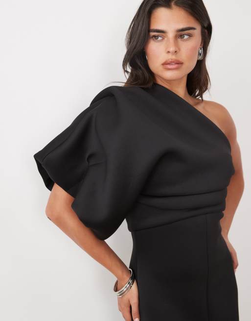 ASOS DESIGN scrunch one shoulder maxi dress in black scuba-style fabric, 3 of 4