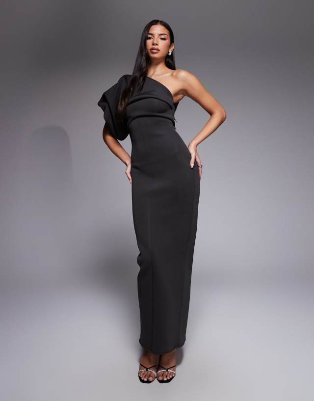 brown scrunch dress ASOS Design - One-Shoulder Maxi - Women - Polyester/Spandex - 6 US dress with shoulder pads Size:M | Chambray Dolman Sleeve Crinkle Organdy Bodycon Fabric has some stretch